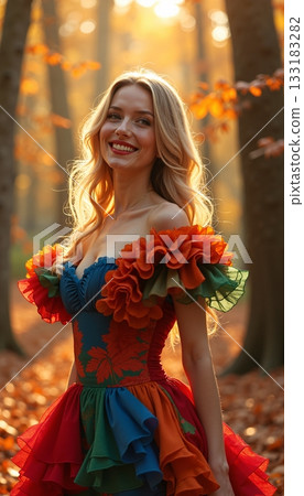 A woman wears an attractive off-shoulder dress for a photo shoot in an autumn forest 133183282