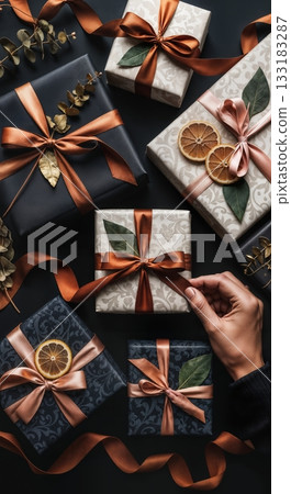 Luxury Gift Wrapping Flat Lay with Artisan Paper Textures, Twine, and Dried Botanicals in Moody Lighting Luxury Gift Wrapping Flat Lay with Artisan Paper Textures, Twine, and Dried Botanicals in Moody Lighting 133183287
