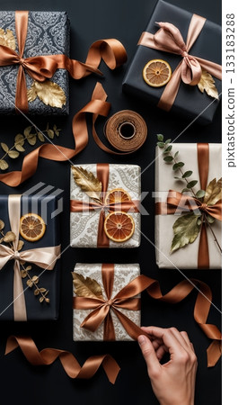 Luxury Gift Wrapping Flat Lay with Artisan Paper Textures, Twine, and Dried Botanicals in Moody Lighting 133183288