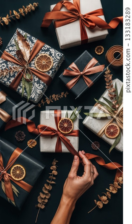 Luxury Gift Wrapping Flat Lay with Artisan Paper Textures, Twine, and Dried Botanicals in Moody Lighting 133183289