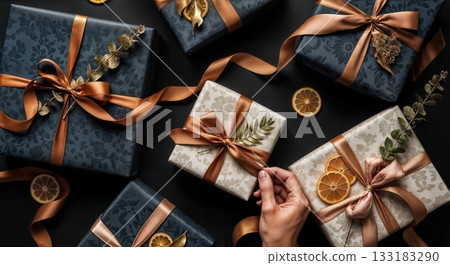 Luxury Gift Wrapping Flat Lay with Artisan Paper Textures, Twine, and Dried Botanicals in Moody Lighting 133183290