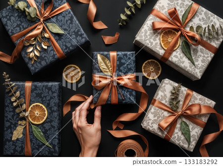 Luxury Gift Wrapping Flat Lay with Artisan Paper Textures, Twine, and Dried Botanicals in Moody Lighting 133183292