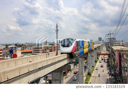The pink monorail Mass Transit System serving in the Metropolitan Region. 133183329