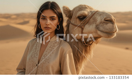 Woman with camel in desert Woman with camel in desert 133183354