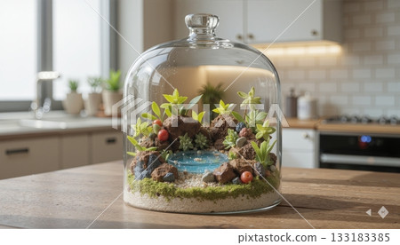 Miniature garden terrarium creating a beautiful indoor decor. Miniature garden terrarium creating a beautiful indoor decor. 133183385