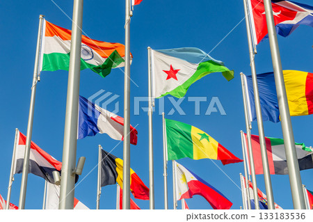 Many world's countries national flags waving on the wind, with Djibouti, French, Indian, Romanian and Senegal banners in the foreground, Doha, Qatar Many world's countries national flags waving on the wind, with Djibouti, French, Indian, Romanian and Senegal banners in the foreground, Doha, Qatar 133183536
