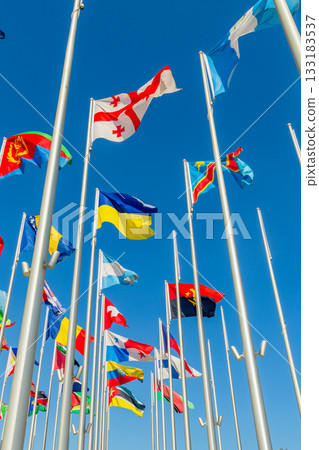 Georgian and Ukrainian flags waving together with the many international flags like DR Congo, Bosnia, Eritrea, Panama, Argentina, Angola, in Doha, Qatar. Georgian and Ukrainian flags waving together with the many international flags like DR Congo, Bosnia, Eritrea, Panama, Argentina, Angola, in Doha, Qatar. 133183537