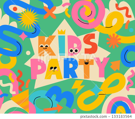 Kids party, banner for children event. Fun colorful childish design. Hand drawn doodle. Kids zone for entertainment. Kids birthday party invitation banners. Children event celebration flyer. Vector Kids party, banner for children event. Fun colorful childish design. Hand drawn doodle. Kids zone for entertainment. Kids birthday party invitation banners. Children event celebration flyer. Vector 133183564