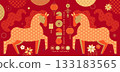 Chinese new year 2026, red greeting card with bright horses from chinese pattern and numbers between them, fireworks, patterns, lanterns. Template design for web, posters, banner, sales. Vector 133183565