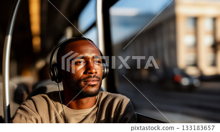 importance of music and listening to favorite shows on a smartphone, portrait of a young African American man riding the bus enjoying his favorite music using a smartphone importance of music and listening to favorite shows on a smartphone, portrait of a young African American man riding the bus enjoying his favorite music using a smartphone 133183657