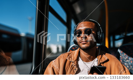 young man enjoys music while riding the bus to work, copy space discusses the concept of how smartphones enable mobility and digital culture and reflect the internet-connected generation young man enjoys music while riding the bus to work, copy space discusses the concept of how smartphones enable mobility and digital culture and reflect the internet-connected generation 133183660
