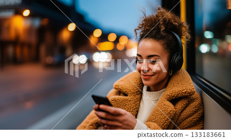A woman texts friends and listens to music on headphones while waiting for a bus. Early autumn and Copy Space about the rhythms of the city and listening to podcasts while traveling A woman texts friends and listens to music on headphones while waiting for a bus. Early autumn and Copy Space about the rhythms of the city and listening to podcasts while traveling 133183661