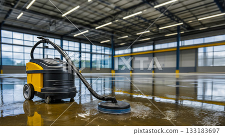 poster with vacuum cleaner against background of an empty production workshop, cleaning with industrial vacuum cleaner for wet and dry cleaning of workshops, importance of maintaining cleanliness poster with vacuum cleaner against background of an empty production workshop, cleaning with industrial vacuum cleaner for wet and dry cleaning of workshops, importance of maintaining cleanliness 133183697