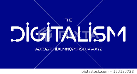 Biotech futuristic logo font, connected sci-fi alphabet. Rounded digital typeface for science headline, neural tech UI, innovation lab display, AI interface, modern system branding. Vector typography. Biotech futuristic logo font, connected sci-fi alphabet. Rounded digital typeface for science headline, neural tech UI, innovation lab display, AI interface, modern system branding. Vector typography. 133183728
