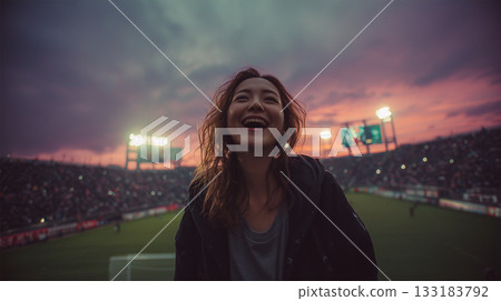 A woman laughs loudly in celebration of a heated victory in the stands 133183792