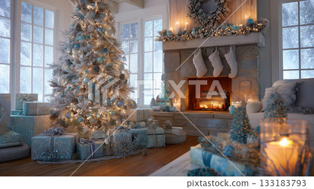 A Christmas tree decorated with blue and silver ornaments 133183793