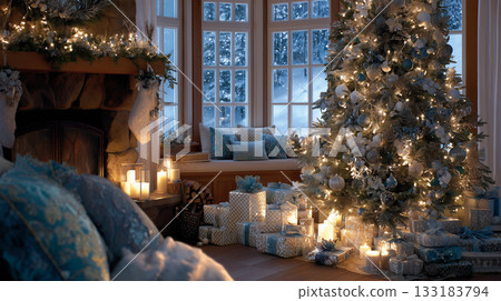 A Christmas tree decorated with blue and silver ornaments 133183794