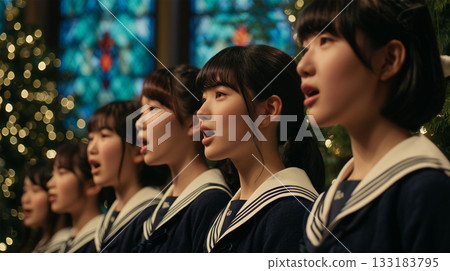 Female students perform a choir in the church dressed in uniform 133183795