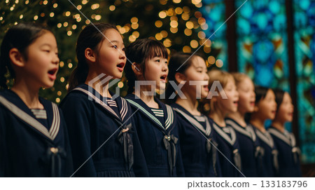 Female students perform a choir in the church dressed in uniform 133183796