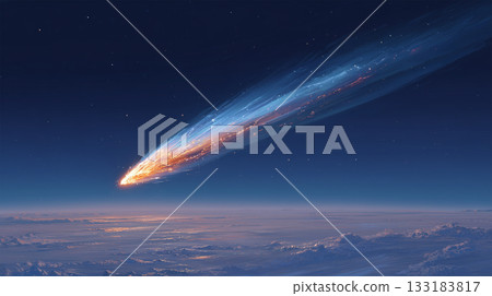 A blue fireball pierces the starry sea diagonally. 133183817