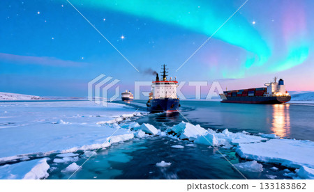 Merchant ships and container ships are navigating a new trade route following the melting of the Arctic Ocean, your trade routes along the Northern Sea Route for global trade 133183862
