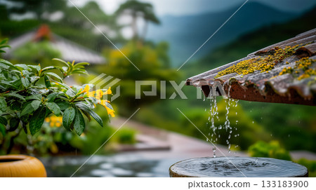 Rainwater runs off the roof into a water collection barrel, old roof overgrown with moss, poster about autumn and the importance of cleaning the roof of a house from pollution 133183900