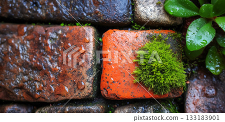 Wet old paving stones with overgrown moss, the need for cleaning and maintaining roads and sidewalks and removing contaminants 133183901