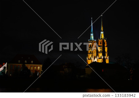 Wroclaw Cathedral and Church of the Holy Cross illuminated at night 133183942
