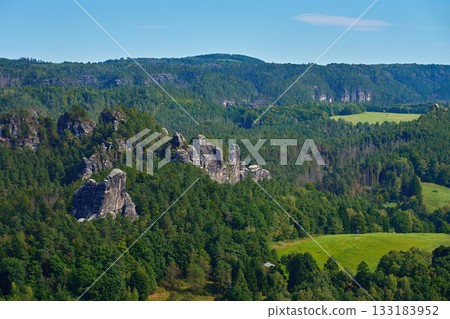 Sandstone rocks and forest landscape in Saxon Switzerland National Park Sandstone rocks and forest landscape in Saxon Switzerland National Park 133183952