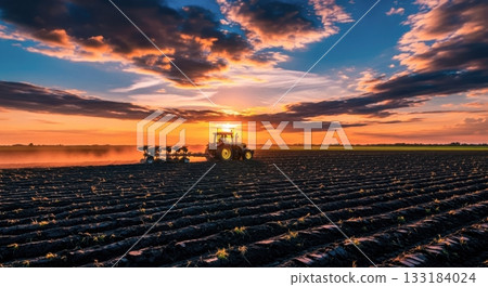 panoramic view of a field with a tractor plowing the soil on a farm at sunset, seasonal routine farm work, growing organic crops 133184024