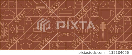 Bread and pastries background. Abstract bakery menu background with line drawing. Geometric pattern bread, croissant, donut. Bakery line pattern. Bread and pastries background. Abstract bakery menu background with line drawing. Geometric pattern bread, croissant, donut. Bakery line pattern. 133184066