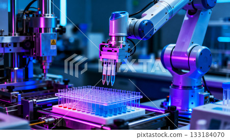 An automated manipulator tests drug samples in test tubes, a modern laboratory for medical and biochemical research 133184070