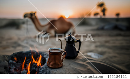A cup of coffee and a copper pot by a dying fire, strong traditional coffee on a desert morning during a dune trek, camel rests on the sand next to the fire A cup of coffee and a copper pot by a dying fire, strong traditional coffee on a desert morning during a dune trek, camel rests on the sand next to the fire 133184111