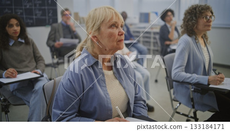 Adult Students Sit Desks, Focusing on Written Tasks While Listening Instructor Adult Students Sit Desks, Focusing on Written Tasks While Listening Instructor 133184171