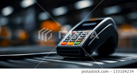 A poster with a POS terminal on the checkout counter, selective focus on the terminal with copy space, about the convenience of payments 133184234
