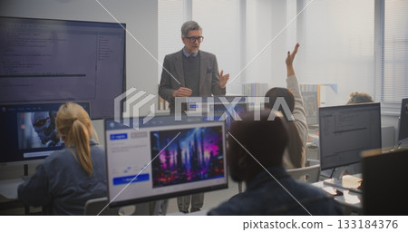 Stylish Male Instructor Explaining AI Generation Principles to Adult Students 133184376