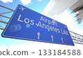 Minimalist transport sign for Los Angeles LAX Airport with jetliner leaving the city airspace, departing from Los Angeles, United States. 3D rendering 133184588