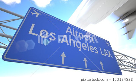 Minimalist transport sign for Los Angeles LAX Airport with jetliner leaving the city airspace, departing from Los Angeles, United States. 3D rendering 133184588