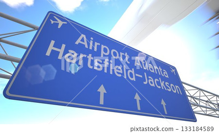 Realistic 3D render of blue sign near Atlanta Hartsfield Jackson Airport with airplane climbing into the sky, departing from Atlanta, United States. 3D rendering Realistic 3D render of blue sign near Atlanta Hartsfield Jackson Airport with airplane climbing into the sky, departing from Atlanta, United States. 3D rendering 133184589