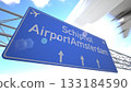 Realistic 3D render of blue sign near Amsterdam Schiphol Airport with plane heading outward from the airport, departing from Amsterdam, Netherlands. 3D rendering 133184590
