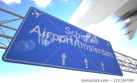 Realistic 3D render of blue sign near Amsterdam Schiphol Airport with plane heading outward from the airport, departing from Amsterdam, Netherlands. 3D rendering 133184590