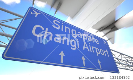 Detailed airport direction sign near Singapore Changi Airport with plane heading outward from the airport, departing from Singapore, Singapore. 3D rendering Detailed airport direction sign near Singapore Changi Airport with plane heading outward from the airport, departing from Singapore, Singapore. 3D rendering 133184592