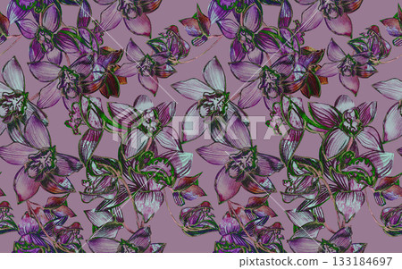 A seamless pattern with dark monochrome painted orchids of varying sizes for textiles 133184697