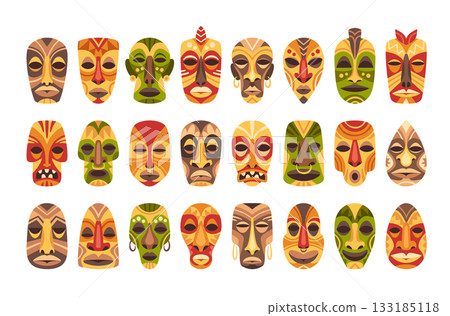 Cartoon African masks with colorful decorative totemic tribal aboriginal faces isolated set Cartoon African masks with colorful decorative totemic tribal aboriginal faces isolated set 133185118