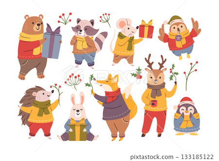 Cute Christmas animals carrying gift boxes and rowan berries, mistletoe twigs isolated set Cute Christmas animals carrying gift boxes and rowan berries, mistletoe twigs isolated set 133185122