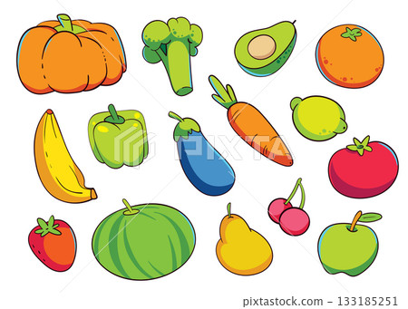 Colorful cartoon fruits and vegetables collection 133185251