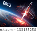 Global catastrophe countdown missile launch. A digital image depicts a missile launching from Earth, leaving a trail of light, with a countdown timer displaying "00:03" at the top.  133185258