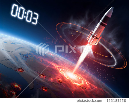 Global catastrophe countdown missile launch. A digital image depicts a missile launching from Earth, leaving a trail of light, with a countdown timer displaying "00:03" at the top.  133185258