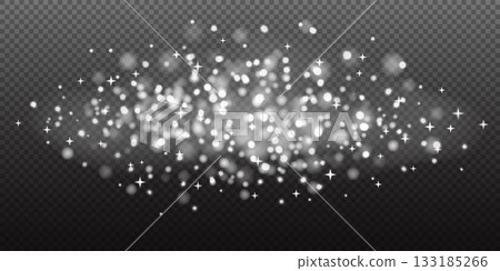 A delicate cloud of magical stardust and glitter particles with soft bokeh glow. This transparent overlay effect features a realistic shimmer and twinkle on a black background. Perfect for adding a 133185266