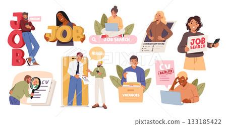 People searching for jobs online, creating and submitting resumes for career advancement set 133185422